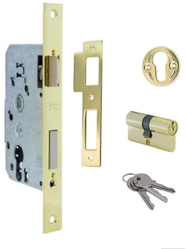 Cerradura embutir mono punto con orificio de entrada de 50mm distancia entre cuadradillos de 70mm, canto cuadrado, bombillo con 3 llaves de serreta incluidas color LATONADO