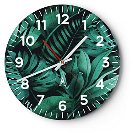 Modern Wanduhr Blätter Grafiken Monstera 30x30cm Rund Klein Wand Uhr Glas Analog Zimmeruhren Küche Büro Wohnzimmer Glasuhr Wall Clock Dekoration Design Wanddekoration Küchenuhr C4AR30x30-4886