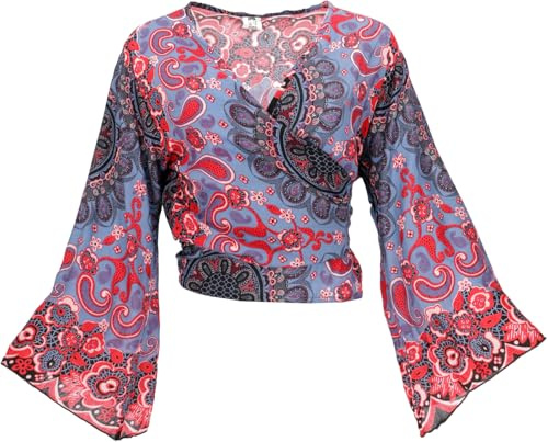 GURU SHOP Camiseta corta boho blusa top cruzada blusa cruzada mujer viscosa burdeos rosa viejo, azul / rojo, 40