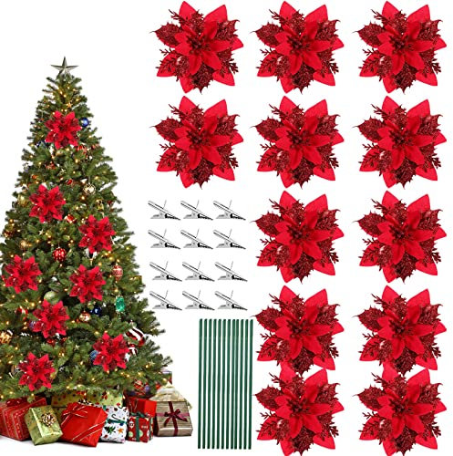 JOKILY 12 Stück Weihnachten Glitzer Weihnachtsstern Künstliche Blumen, Kunstblumen, Weihnachtsstern Deko Blumen, Weihnachten Baum Blumen Muster Ornamente mit 12 Metallclips und Stielen (Rot 12)
