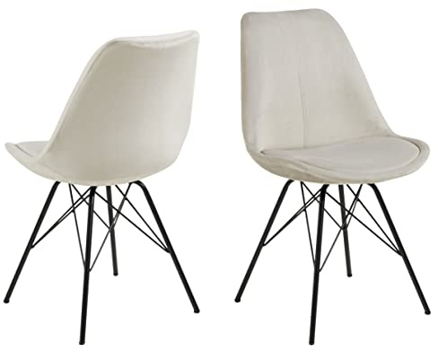 AC Design Furniture Emanuel Samt-Esszimmerstuhl mit Rückenlehne 2er Set, gepolsterter Esszimmerstuhl im zeitlos eleganten Stil, Sandfarbe, gepolsterter Stoffsitz mit schwarzen Metallbeinen