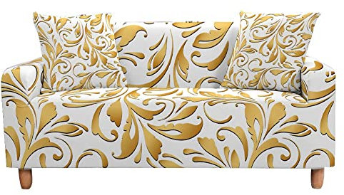 Highdi Klassisch Vintage Sofabezug Sofaüberwürfe für 1/2/3/4 Sitzer, Armlehnen Sofa Cover Elastisch Stretch Antirutsch Sofa Cover Sofahusse Couchbezug Möbelschutz (3 Sitzer,Golden Jacquard)