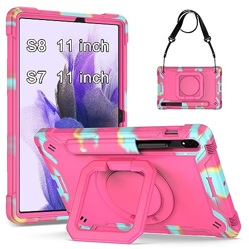 KATUMO Kid Shockproof Case for Samsung Galaxy Tab S8/S7 11 inch Case shock proof and break proof Protective Cover (360°Rotatable Stand & Detachable Adjustable Shoulder Strap & Pencil Holder )