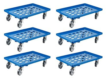 SparSet 6x Transportroller für Euroboxen 60x40cm mit Gummiräder blau | Gitter/Rasterdeck | 4 Lenkrollen | Traglast 300kg | Kistenroller Logistikroller Rollwagen Profi-Fahrgestell