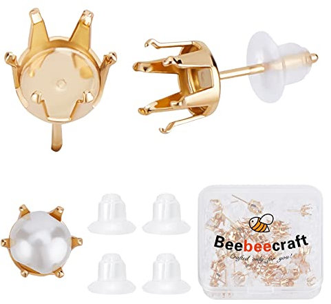 Beebeecraft 50 Stück/Box Ohrstecker-Fassungen, 24 Karat Vergoldeter Edelstahl, Klauen-Ohrring-Stiftkomponente Mit Ohrmuttern Für DIY-Ohrstecker, Schmuckherstellung