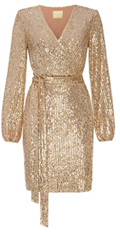 Swing Fashion Women's INES | Gold Minikleid Damen | Elegantes Festliches Partykleid | Abendkleid | Hochzeitskleider | Glänzendes Kurzkleid | Glitzer Kleid | Sexy | Langarm 36 (S)