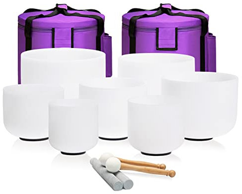 CVNC 440HZ 6-12 inch Set of 7 Frosted Chakra Quartz Crystal Singing Bowls For Sound Healing with Heavy Duty Carrying Cases