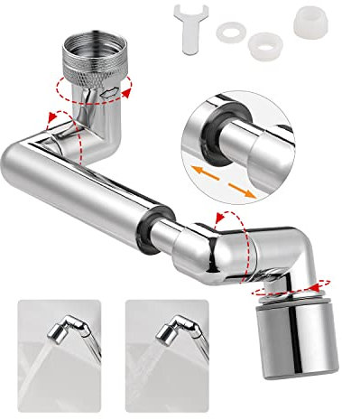 Hibbent Rallonge pivotant à 1440 degrés pour robinet d'évier de salle de bain/de cuisine à grand angle torsadé 2 flux d'eau et aérateur de rotation pour évier de cuisine (chromé)