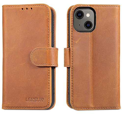 LENSUN Echtleder Hülle für iPhone 13 Mini, Handyhülle [Echtes Leder] [Standfunktion] [RFID Schutz] Handytasche Flip Cover Lederhülle für iPhone 13 Mini - Vintage Braun