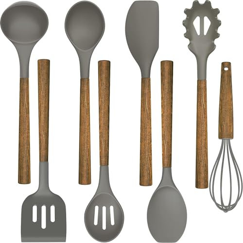 Cooking Utensils Set, 8 PCS Kitchen Utensil Set with Wooden Handle, Silicone Kitchen Utensil Accessories, Non-Sticky, Heat Resistant, Easy Cleaning Utensil Set (Grey)