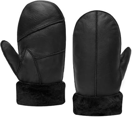 MGGMOKAY Herren Lammfell Shearling Fäustlinge Warme Lederhandschuhe,Schwarz,L