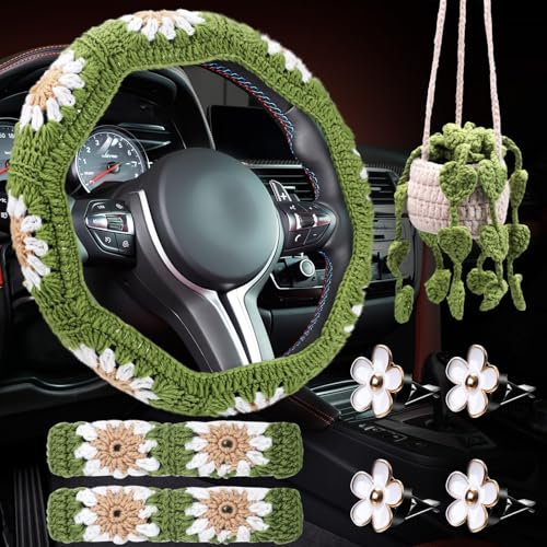 Frienda 8 Pcs Crochet Car Accessories Set Handmade Crochet Steering Wheel and Belt Cover, Hanging Cute Plants and Air Vent Clip for Women Man Car Inter Decorations