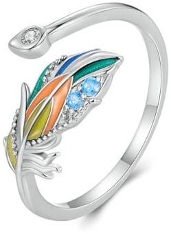 VELESAY 925 Sterling Silber Damen Angel Wings Ring Frauen Verstellbare Feder Blätter Ring Eheringe Verlobungsring Ewigkeitsring Ring Damen 925 Sterling Silber Feder Blatt Ring