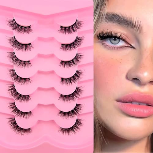 7 paires de demi-cils Cat eye, 12mm Court œil de chat Cils artificiels look naturel, 1/2 coin Faux cils Set, 3/4 Corner Cils Réutilisables Cils de maquillage légers(A06)