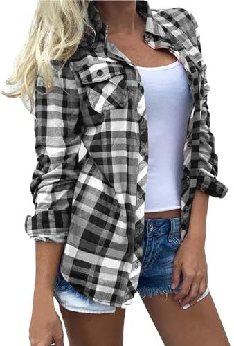 YCBMINGCAN Femmes Mode Digital Plaid Imprimé Multicolore Poche Manches Longues Bouton Cardigan Blouse Tops Manches Chauve-souris, gris, XXXL