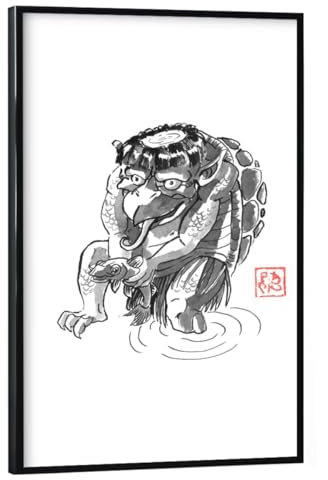 artboxONE Poster mit schwarzem Rahmen 90x60 cm Schwarzweiß Yokai Kappa - Bild Yokai Monster Sumie
