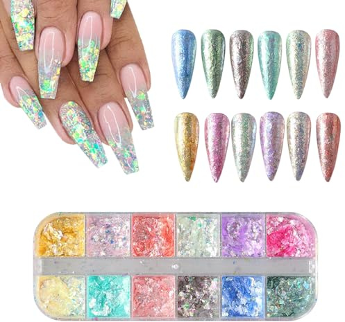 Holographic Nail Glitter,1Boxes 12Grids Opal Nail Flakes Aurora Iridescent Irregular Paillettes,Mermaid Bright Colorful Ice Foil Nail Sequins for DIY Nail Art Decoration Shining Flakes