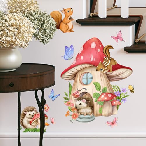 WandSticker4U®- Wandtattoo PILZHAUS Kinderzimmer (46x52 cm) I Wandsticker Tiere Igel Eichhörnchen Pilz Schmetterling I Wandaufkleber Babyzimmer Mädchen & Junge Deko