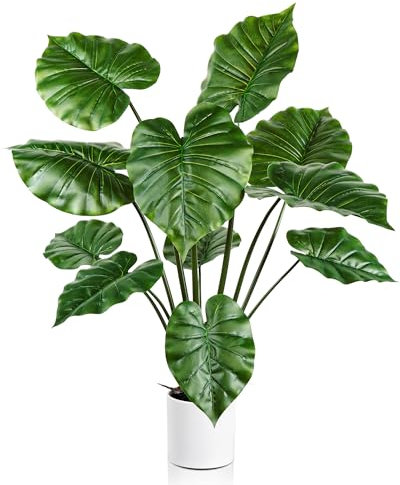 Leflos 90cm Planta Artificial Monstera Deliciosa para Interior, Alocasia Planta en Maceta Artificial, Pequeño árbol Tropical Artificial en Maceta Blanca