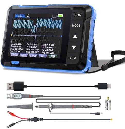 AIOMEST Mini Osciloscopio Digital Ancho de Banda 1MHz 5MS/s Osciloscopio de mano Pantalla 2.8 USB Portátil Generador de señal DDS con cable de datos Tipo-C y sonda Multímetro Osciloscopio, AI-DSO153B