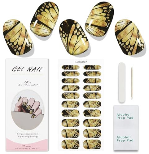 JMEOWIO Gel Nail Stickers Butterfly Gold Black Semi Cured Gel Strips Wraps UV/LED Nail Supplies Nail Art Design Decoration Accessories