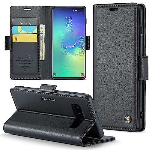 Rerzoiro Handyhülle für Samsung Galaxy S10 Plus Hülle, Premium PU Leder Klapphülle RFID Schutzhülle Magnet Kartenfach Standfunktion Flip Wallet Tasche Case Kompatibel Samsung S10 Plus, Schwarz