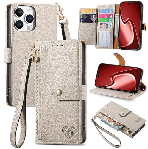 VEEMOS Zipper Wallet Case for Apple iPhone 16 Pro Max Phone Case with Purse Card Holders RFID Blocking Leather Flip Case Book Cover Wrist Strap Women - Gray