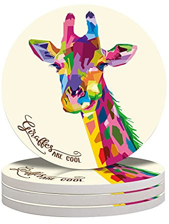 Vibiliyou Un lot de 4 dessous de verre ronds en céramique absorbants, avec un motif girafe et équipé d'une base en pierre et en liège, offre une protection pour les types de tasses et de tables