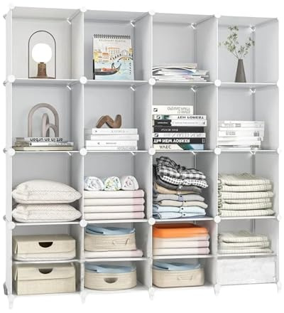 XOKOTAKI Schuhregal,Regalsystem, Kleiderschrank mit 16 Würfeln,Modularer Regal, Regal mit Modulen, Würfelaufbewahrung, Bücherregal aus Kunststoff, für Schuhe, Kleidung, Kleiderschrank, weiß.