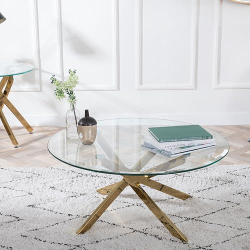 URBANDECO Ashley Glass Round Coffee Table with Gold Metal Legs