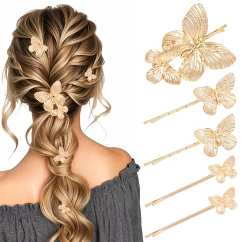 Ymapinc 5 pinzas para el pelo de mariposa doradas, accesorios de peinado para mujer, para boda, compromiso, fiesta, citas, vestidos de graduación (aleación de zinc, 1 grande, 2, mediano, 2 pequeño)