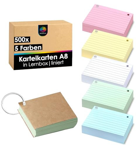 OfficeTree 500 x Ring Flashcards A8-5 Colours - Revision Cards on a Ring and Storage Box - Lined Flash Cards Revision - Small Flash Cards - Study Card for Exams