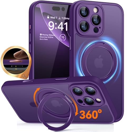 CANSHN Magnetic for iPhone 16 Pro Case (6.3) with 360° Spin Stand[Camera Control], Upgraded [Full Camera Protection] [Compatible with Magsafe] Translucent Matte Phone Cover, Deep Purple