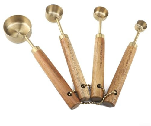 Wooden Handle Measuring Spoons Set Stainless Steel Baking Tool Kitchen Utensils 4 Cups 4 Spoons Copper (Measuring spoon)