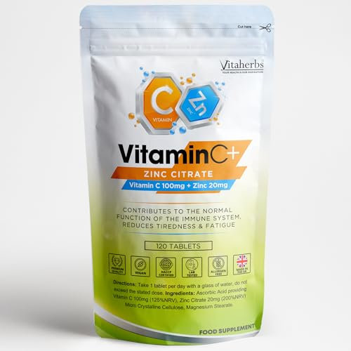 Vitamin C and Zinc Tablets - 4 Months Supply - 100mg L-ascorbic Acid with Added 20mg Zinc - Natural Immunity Supplement (120 Vegan Tablets) - High Strength Vitamin C & Zinc Supplement - Vitaherbs