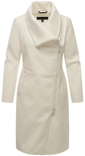 Navahoo Damen lange Übergangsjacke Mantel in Woll-Optik mit asymmetrischem Kragen und wasserdichtem Reißverschluss Samtrose 14 Off White Gr. S