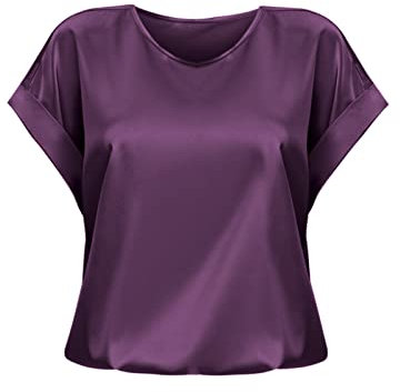 Satin-Bluse für Damen - Kurzarm, Rundhalsausschnitt, lockere Passform, elegantes lässiges T-Shirt, elegante Sommer-Seidenblusen für Damen, Business, Freizeit & Arbeitskleidung, dunkelviolett, XXL