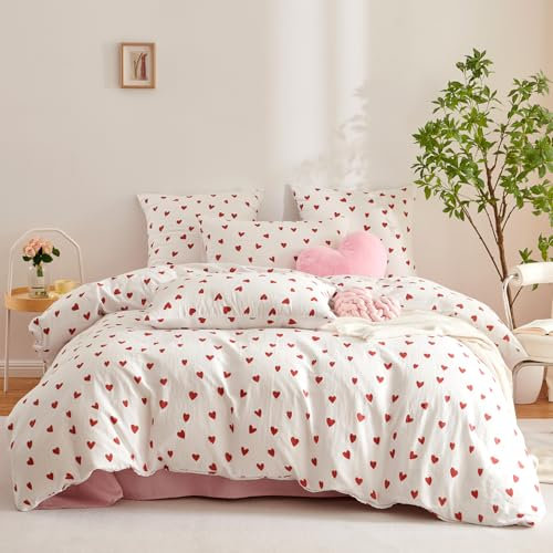 Covebett Doppelte Musselin Bettwäsche 155x220 Baumwolle Rot Herzen Herz Weich Renforce Baumwollbettwäsche Set Herzchen Rot Weiß ÖKO-TEX Bettbezug mit Reißverschluss und Kissenbezug 80x80 cm