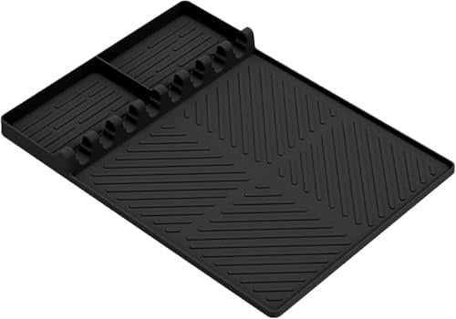 FLOWERUN Silikon Ablagematte für Grillzubehör, Rutschfeste BBQ Unterlage für Gewürze, Flaschen und Grillwerkzeuge, Hitzebeständig und Leicht zu Reinigen (Schwarz)