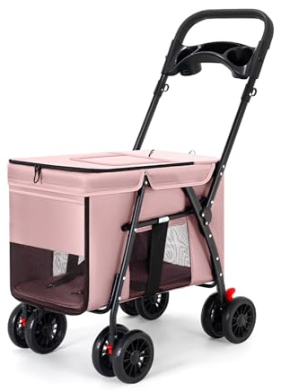 Faltbarer großer Hundebuggy, 4-rädriger Haustierbuggy, Katzenbuggy, Hundebuggy und andere faltbare Multifunktionswagen, Sonnenschutz und atmungsaktiv(Pink)