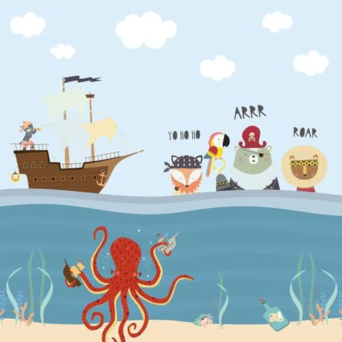 UNIK Nordic Vliestapete Kindertapete Piraten 150 x 250 cm – Abenteuer auf hoher See mit Tieren & Schiff – fantasievolle & schadstofffreie Wandgestaltung fürs Kinderzimmer – leicht anzubringen