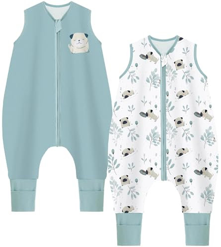 Chilsuessy Baby Sommerschlafsack mit Füßen 2er Pack 1 Tog Kinder Schlafsack mit Beinen 100% Baumwolle Schlafstrampler für Jungen Mädchen, 1 Tog/Grün + Süß Welpe, 80cm/Baby Höhe 90-100cm