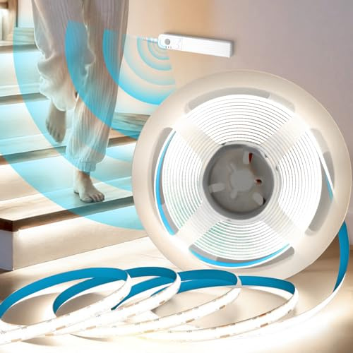 KSIBNW COB Strip Lights Motion Sensor 5M, Stair Lights Motion Sensor Indoor Dimmable Tape Lights Auto ON/Off Battery Powered Strip for Kitchen Cabinet Wardrobe Cupboard Hallway, Cool White 6000K