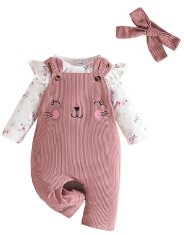 eqenkely 3Pz Completo Neonata Invernale Pagliaccetto Manica Lunga Elegante Orso Salopette Pantaloni e Fascia con Fiocco Tuta Set di Vestiti per Neonate Bianco Top+Rosa Pantaloni 0-3 mesi