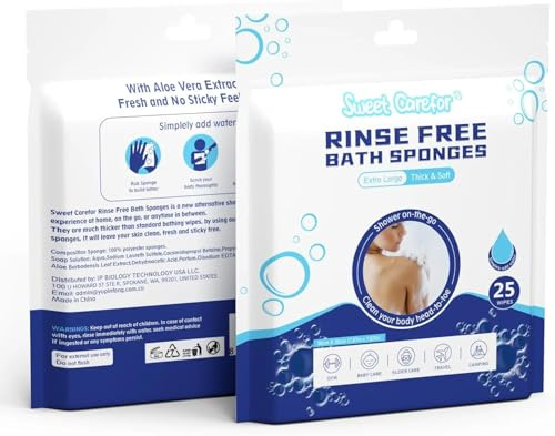 Rinse Free Bath Shower Sponge - Body Wash Wipes for Bathing - Perfect for Camping, Festivals, Gym and Travel - Dry Sponge Wipes with Gentle Cleansing Soap. Just add Water (25 Per Pack).