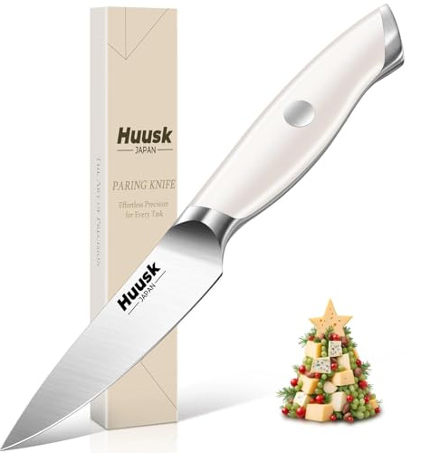Huusk Paring Knife Ultra Sharp, 3.5 Small Kitchen Knife with Ergonomic Ivory White Handle Fruit Knives for Peeling Coring Cutting Present Gift to Men Women