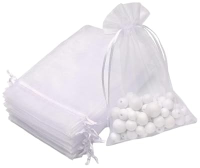 Fokroin Organzasäckchen klein, 50 Stück, 10x15cm, Weiß, Gaze Geschenktüten, Kordelzug, für Festival Party und Hochzeit, für Hochzeit Süßigkeiten Geschenkbeutel