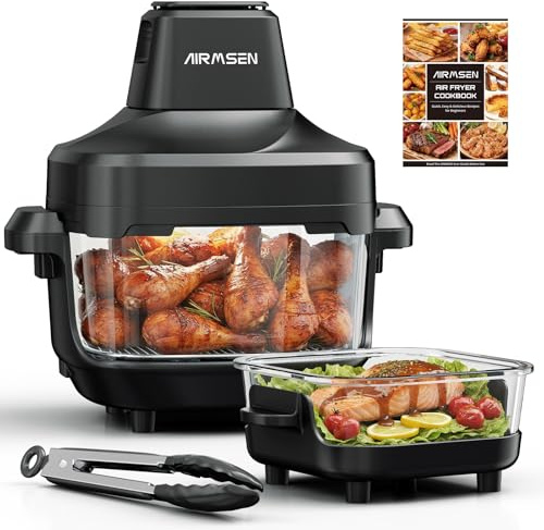 AIRMSEN Portable Glass Air Fryer - 1500W, 4.5L & 1.2L Dual Containers with Lid, Non-Toxic, 60-230℃, 4 Preset Functions, Detachable Air Frying Head, Safe for Microwave