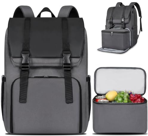 BERTASCHE Zaino Lunch Laptop 15,6 Pollici con Borsa Termica Isolata per Uomo e Donna, Zaino da Lavoro 2 in 1 per Università, Affari, Pendolari, Viaggi, Grigio