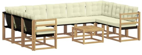 vidaXL Outdoor-Sofagarnitur mit Kissen 10 pcs Weiß und Creme, Moderne Gartenmöbel, Akazienholz-Sofa, Textilene-Rücken, strapazierfähige Sitzmöbel, Bequeme Liegeplätze